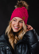 Bright Pink Cable Knit Pom Hat