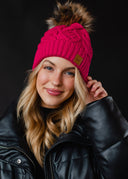 Bright Pink Cable Knit Pom Hat