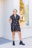 Black leopard shift dress.