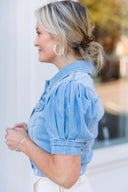 Shirring Sleeve Denim Top Risen
