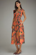 Abstract Floral Zipper-Front Midi Dress Entro