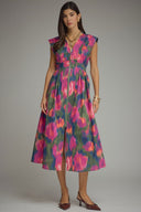 Abstract Floral Zipper-Front Midi Dress Entro