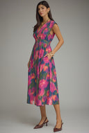 Abstract Floral Zipper-Front Midi Dress Entro