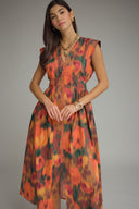 Abstract Floral Zipper-Front Midi Dress Entro