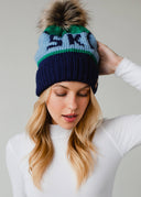 Green, Lt. Blue & Navy Ski Pom Hat