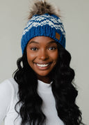 Blue & White Patterned Pom Hat