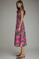 Abstract Floral Zipper-Front Midi Dress Entro