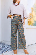 Olive denim with floral print.