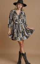 Printed Button Down Collared Dress w/ Sash - Black