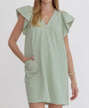 Textured Striped Flutter Sleeve Shift Dress