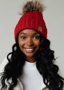 Red Cable Knit Pom Hat