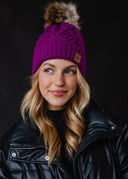 Purple Cable Knit Pom Hat