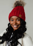 Red Cable Knit Pom Hat