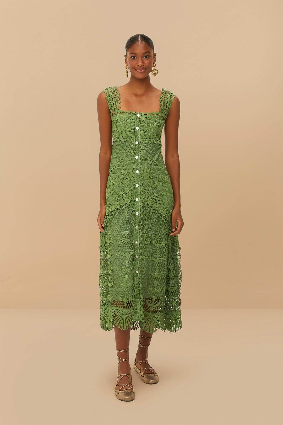 guipure maxi dress Floral Guipure Lace Puff Sleeve Buttoned Maxi Dress in Light Tan for Resort Vacation & Flower Market brown XL
