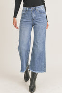 High Waisted Frayed Ankle Wide Leg Jeans