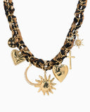 Leopard print braided scarf necklace with gold charms.